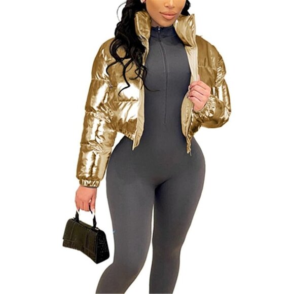 Women's Shiny Cropped Puffer Long Sleeve Solid Color Stand Neck Winter Down Coat - Picture 1 of 5